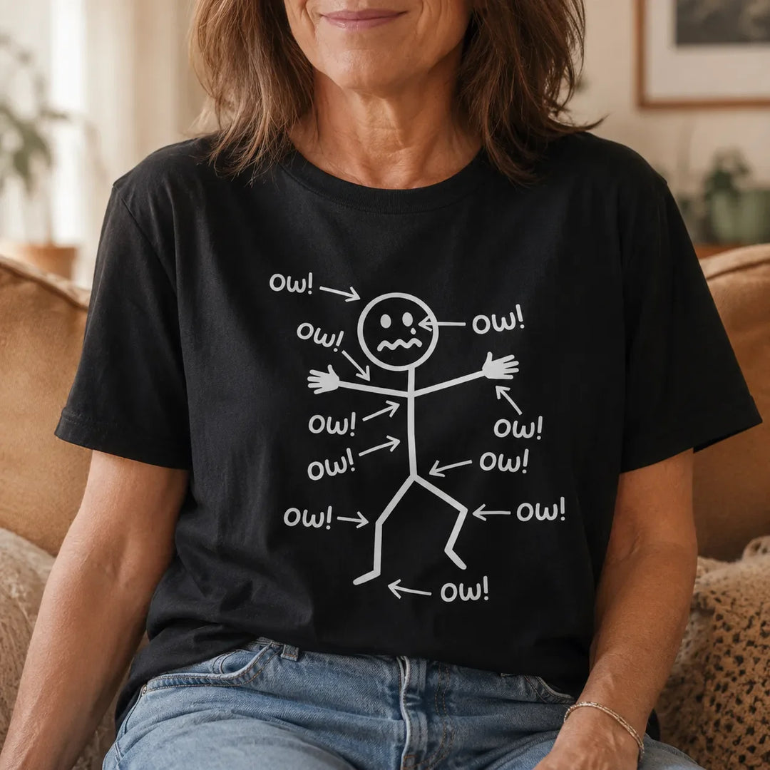Achewear – Śmieszna koszulka z rysunkiem "Ow!" w stylu stick figure, luźny fason, t-shirt przypominający bawełnę dla kobiet i mężczyzn