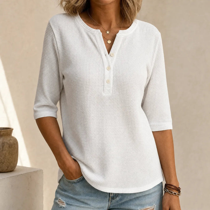 Loravia – Top Henley z dzianiny wafelowej z zapięciem na guziki, rękaw 3/4