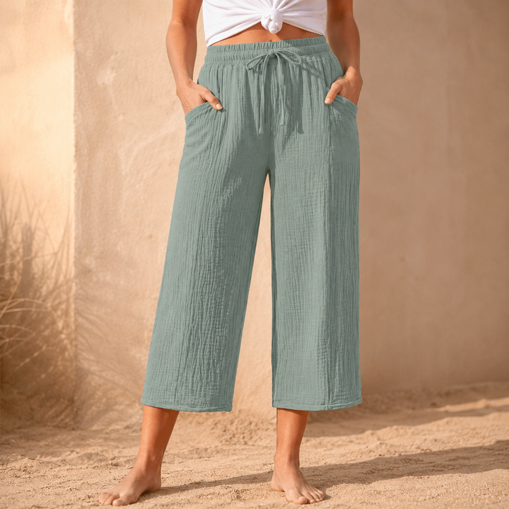 Linelle – Kobiece Spodnie Cropped z Szerokimi Nogawkami i Kieszeniami