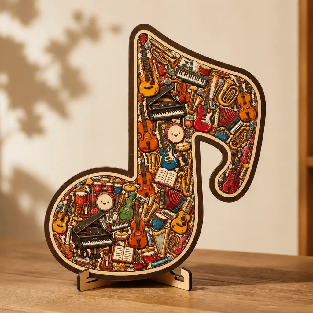 Melora – Puzzle w kształcie nuty muzycznej z drewnianym wyglądem, w zestawie z podstawą do wyświetlania