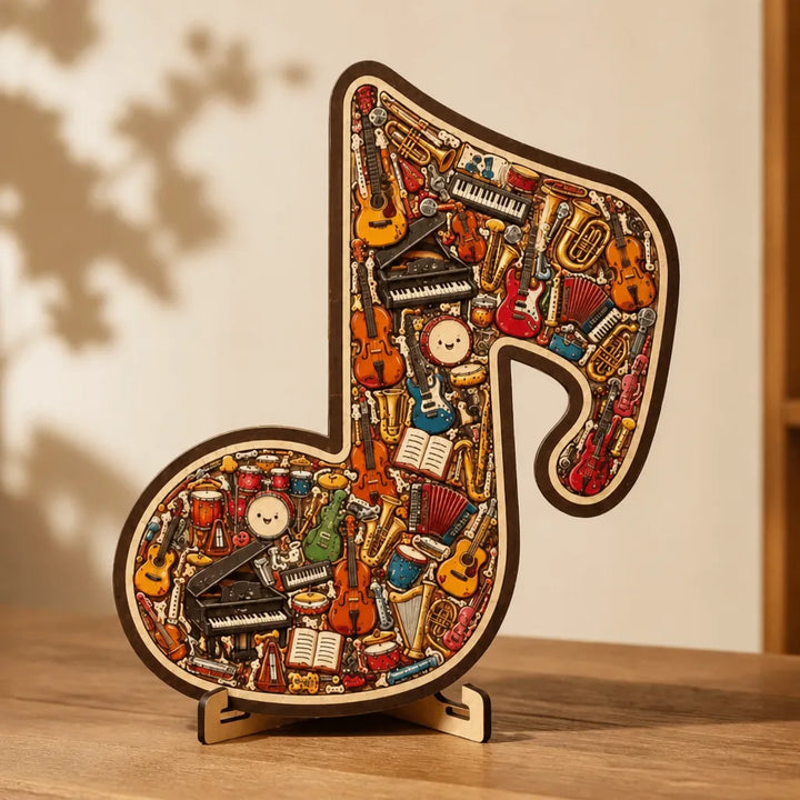 Melora – Puzzle w kształcie nuty muzycznej z drewnianym wyglądem, w zestawie z podstawą do wyświetlania