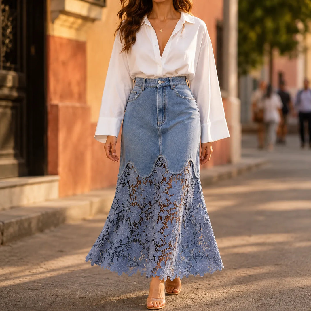 Florenza – Spódnica maxi z denimu z koronkowym wykończeniem i wysokim stanem, z kieszeniami
