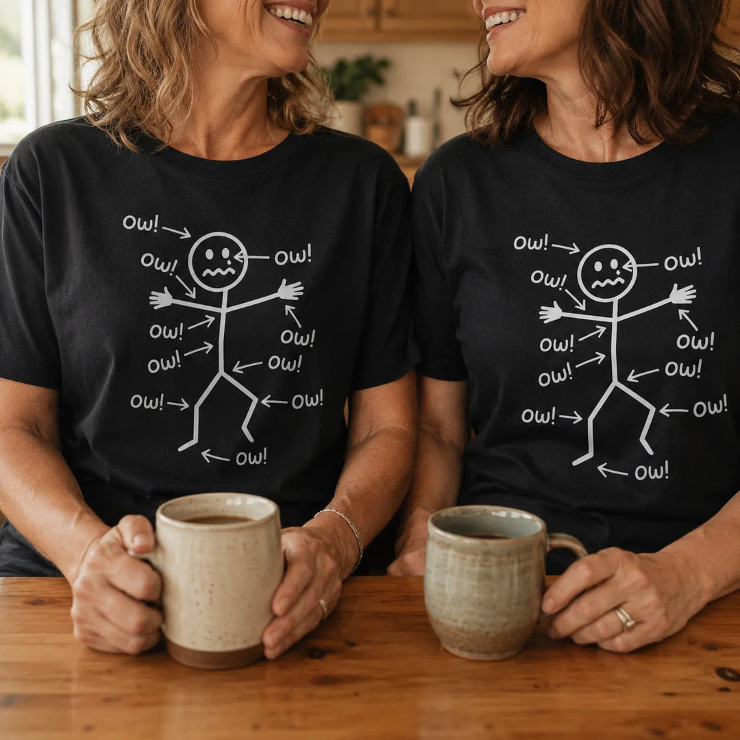 Achewear – Śmieszna koszulka z rysunkiem "Ow!" w stylu stick figure, luźny fason, t-shirt przypominający bawełnę dla kobiet i mężczyzn