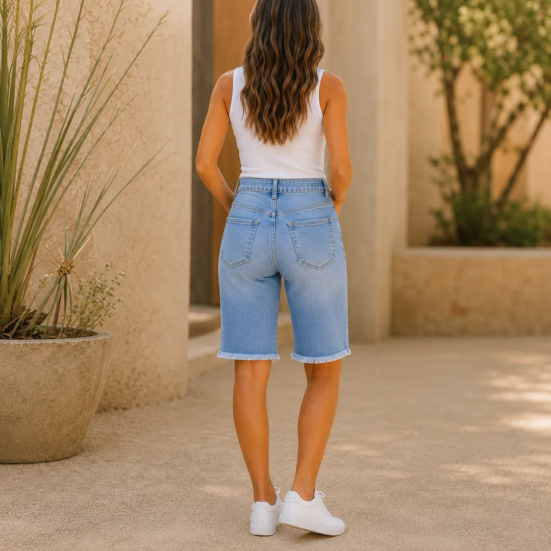 Denimly – Szorty Bermudy z wysokim stanem i postrzępionym dołem z stretchu