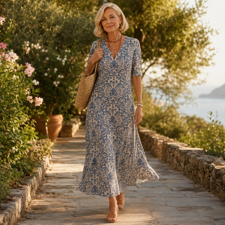 Florenza – Vintage Sukienka Maxi w Wzór Paisley z Dekoltem w Serek i Półrękawami