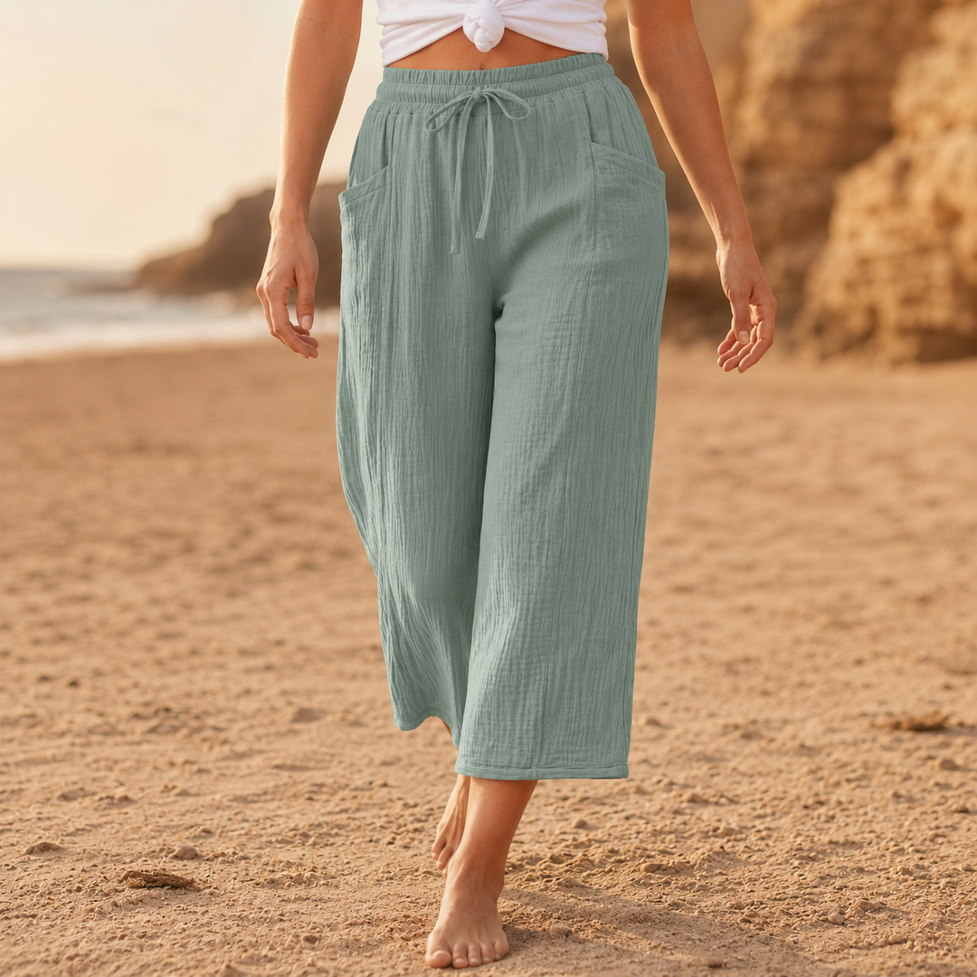 Linelle – Kobiece Spodnie Cropped z Szerokimi Nogawkami i Kieszeniami