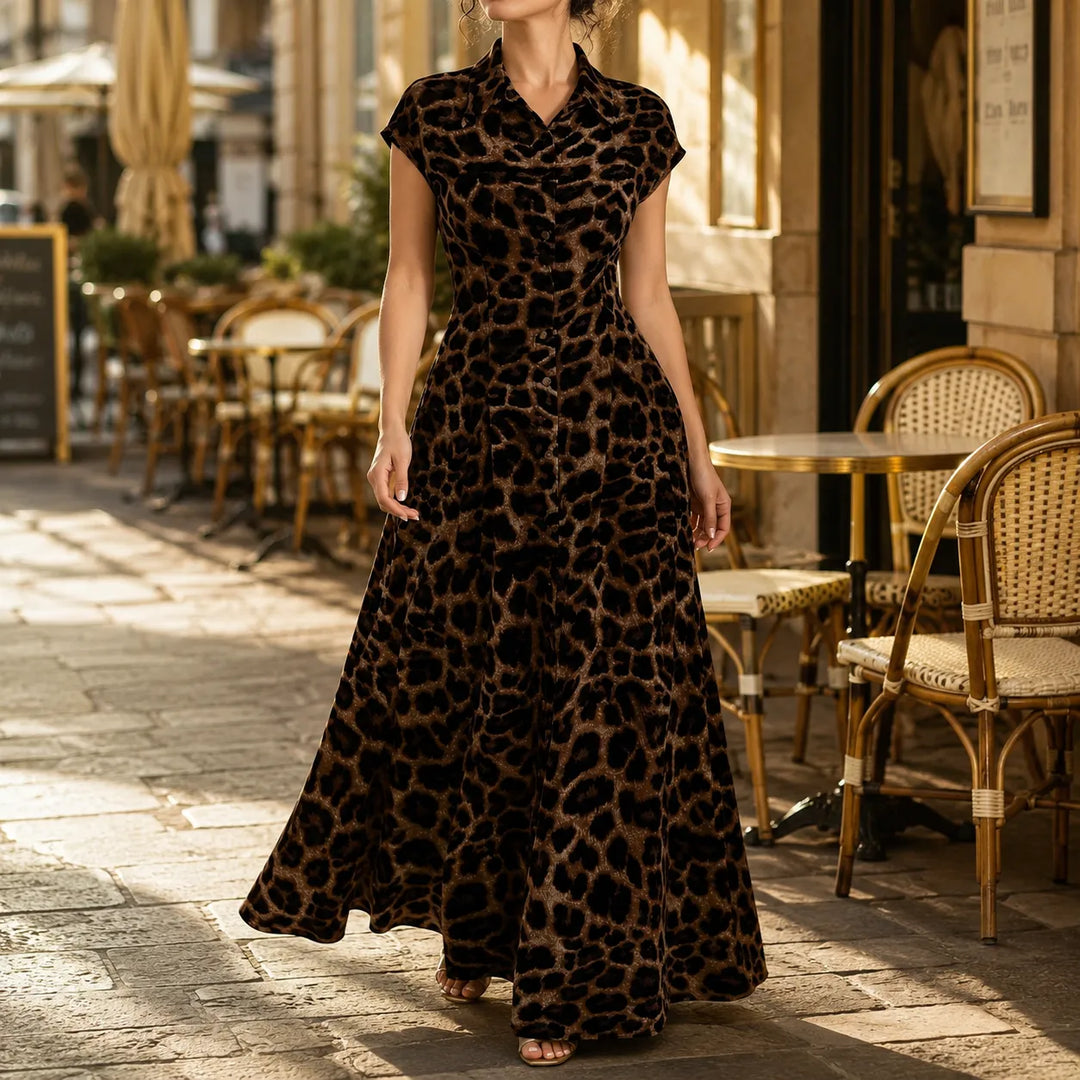 Veluxa – Sukienka maxi z leoparda z wcięciem w talii i kieszeniami