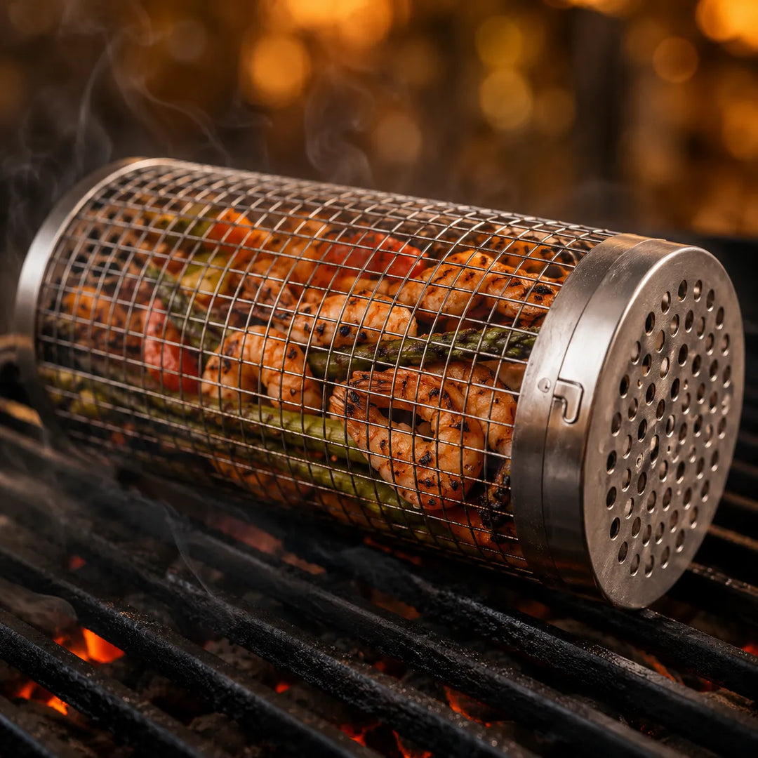 Rollwell – Stalowy kosz do grillowania z siatką i hakiem
