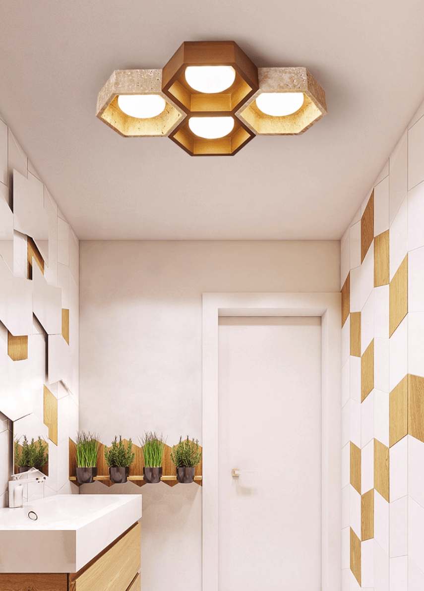 Lampa sufitowa z trawertynu w kształcie plastra miodu