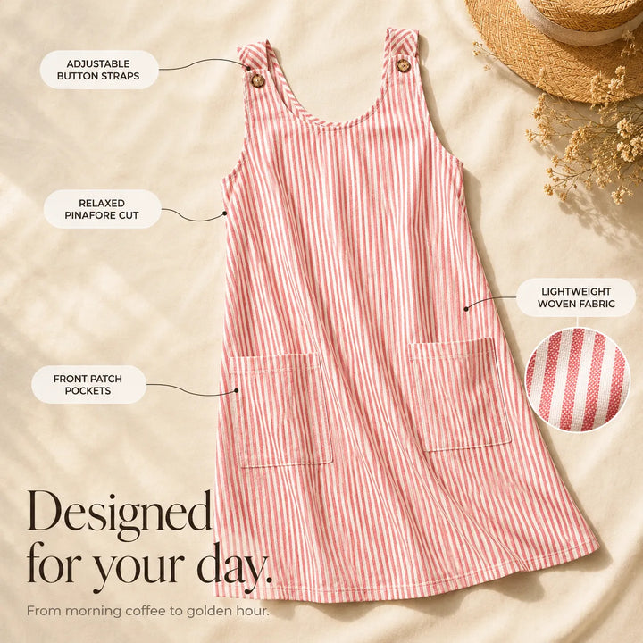 Solene – Pinafore Sundress w paski z guzikami i kieszeniami
