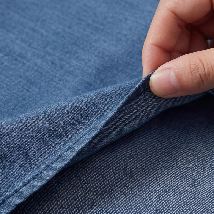 Vivara – Bluzka z denimu z miękkim falbanem i dekoltem w kształcie V