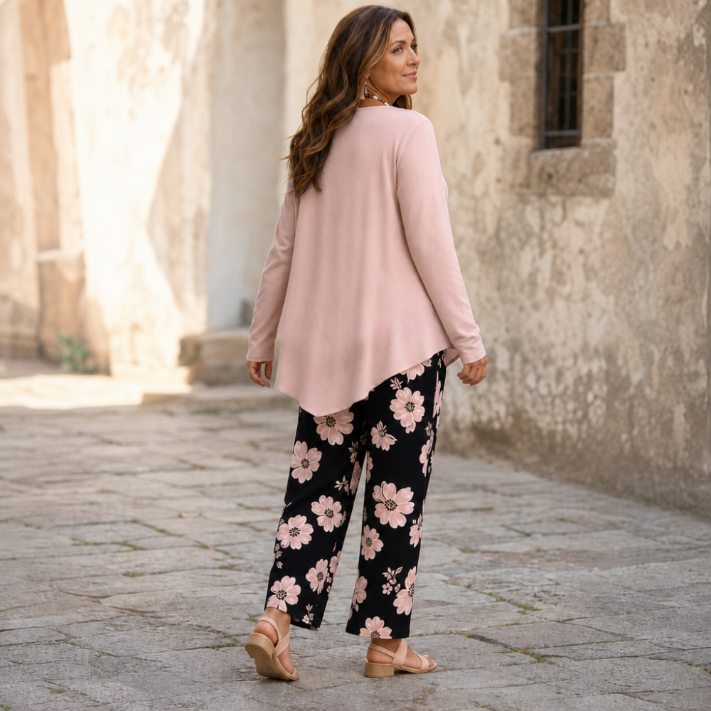 Wearbella – Dwuwarstwowy Luźny Top i Kwiatowy Zestaw z Szerokimi Nogawkami