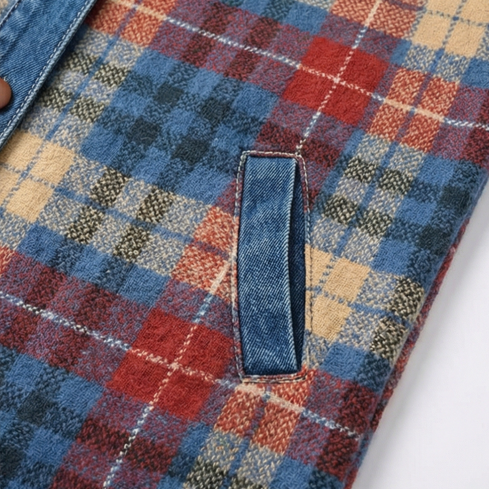 Weslyn – Kobieca kurtka z kontrastowym denimu w kratę z kapturem