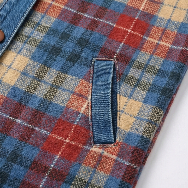 Weslyn – Kobieca kurtka z kontrastowym denimu w kratę z kapturem