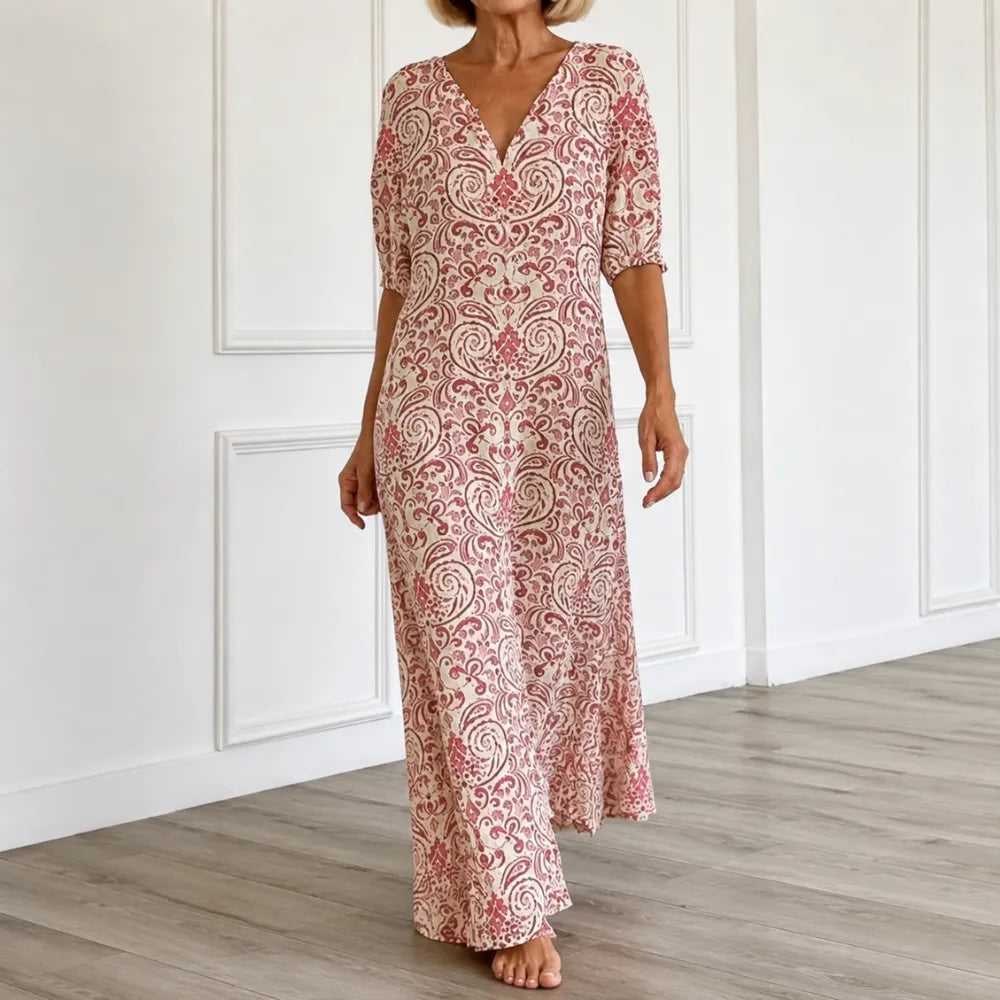Florenza – Vintage Sukienka Maxi w Wzór Paisley z Dekoltem w Serek i Półrękawami