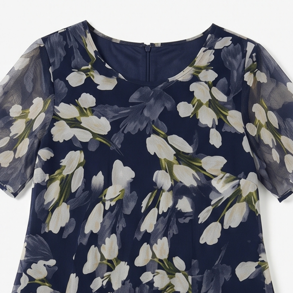 Florenza – Elegancka granatowa sukienka midi w kwiaty dla kobiet