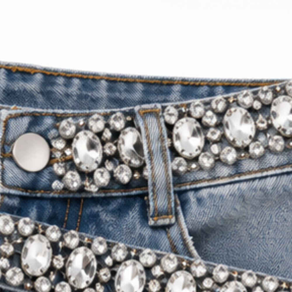 Suncrest – Szorty z denimu z kryształkami, które nie wyglądają tanio z bliska