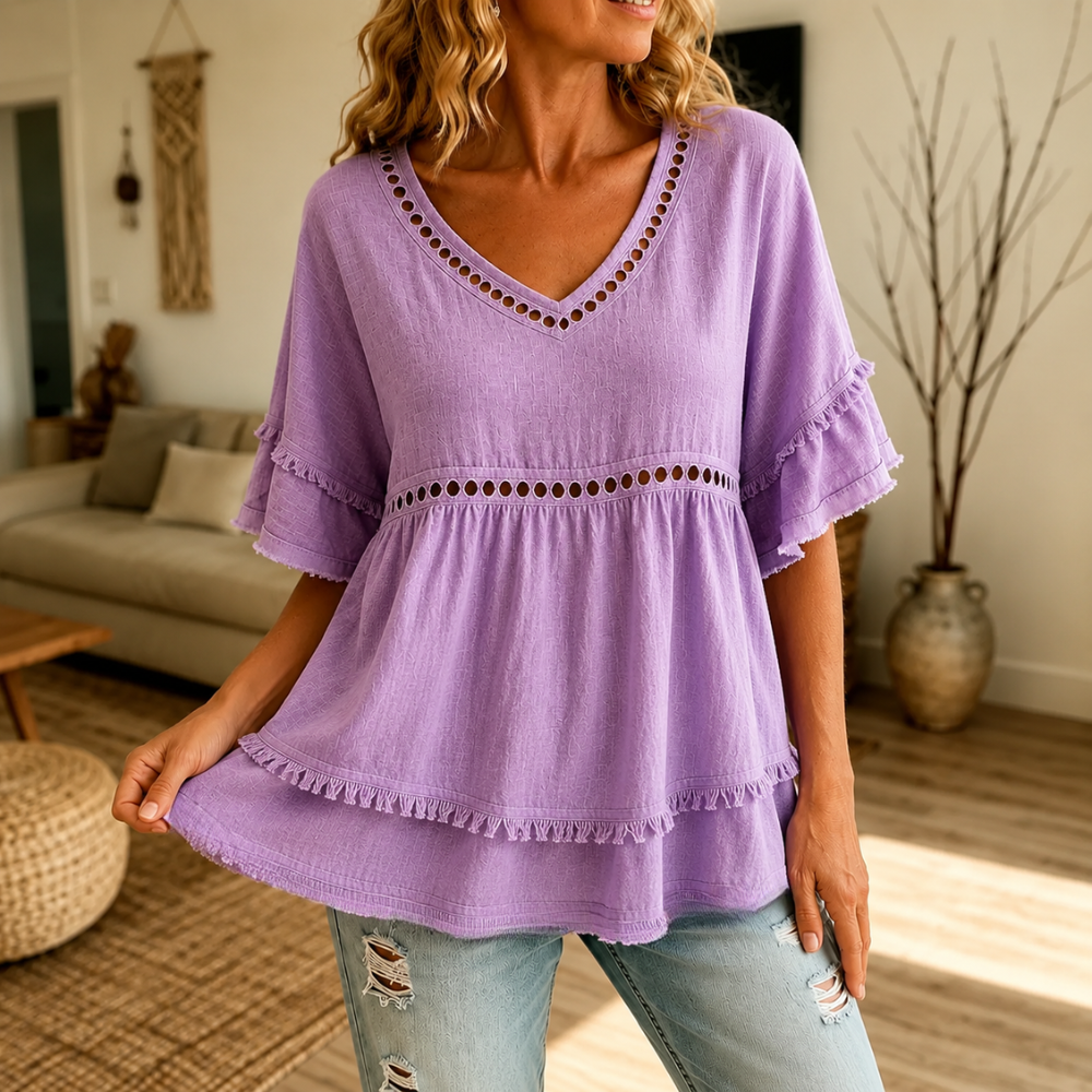 Meloria – Boho Babydoll Top z Wycięciami i Frędzlami