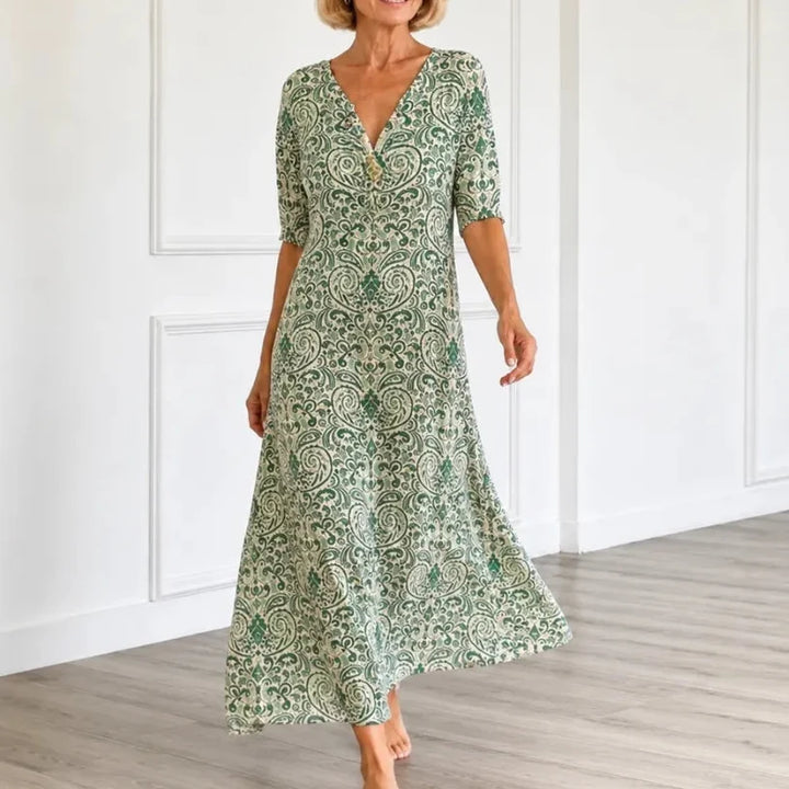 Florenza – Vintage Sukienka Maxi w Wzór Paisley z Dekoltem w Serek i Półrękawami