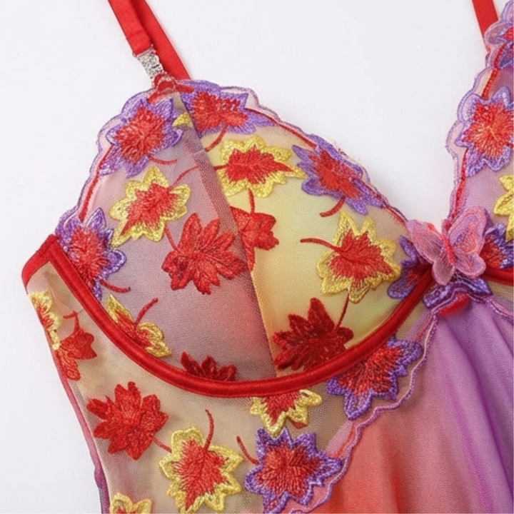 Floressa – Damska haftowana nocna koszula babydoll z kwiatowym wzorem
