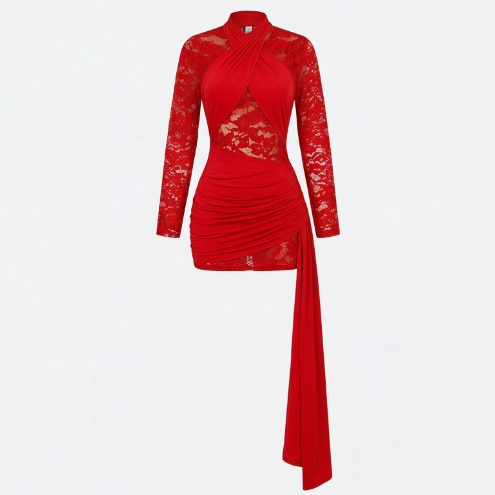 Velaire – Damska koronkowa sukienka mini bodycon z dekoltem na szyi