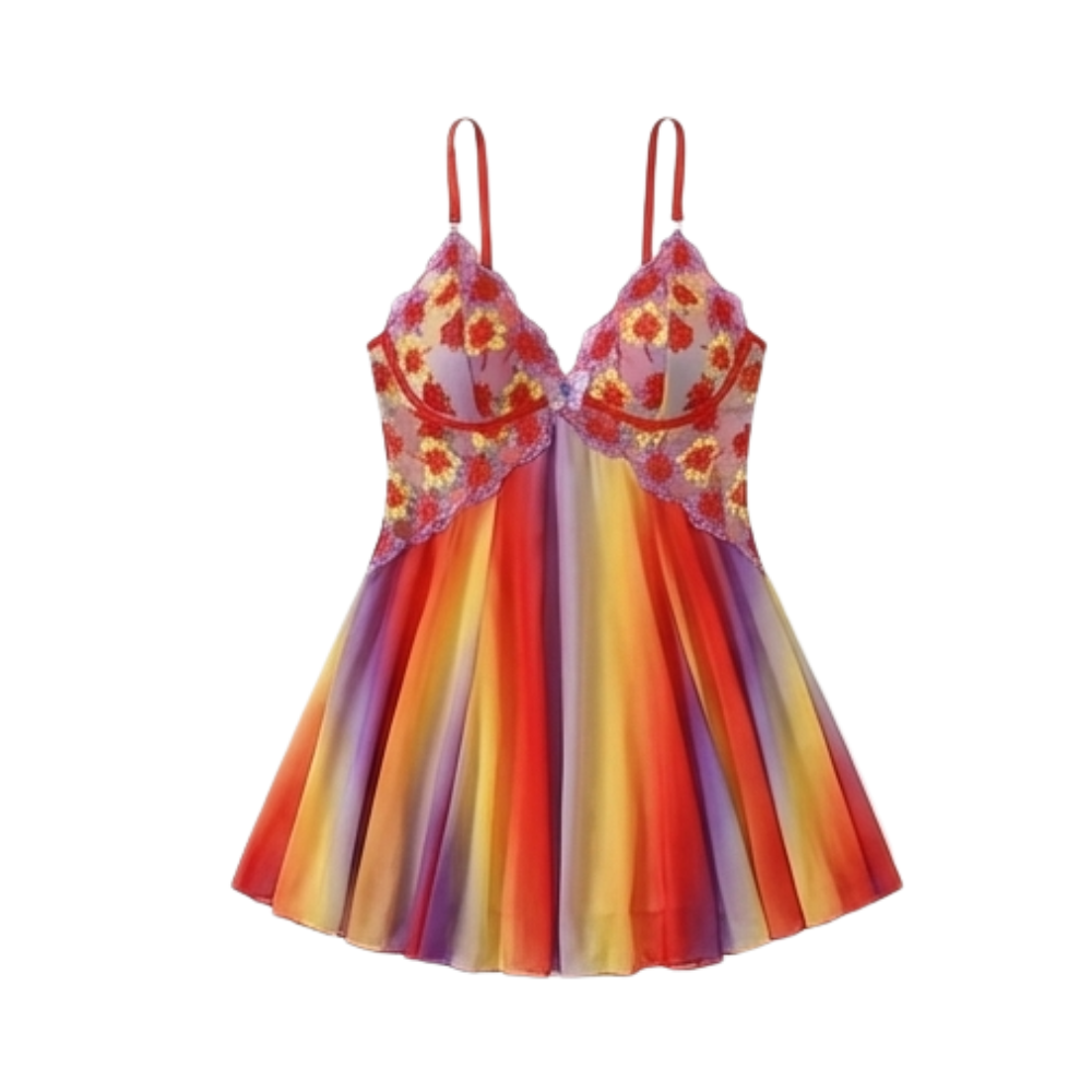 Floressa – Damska haftowana nocna koszula babydoll z kwiatowym wzorem