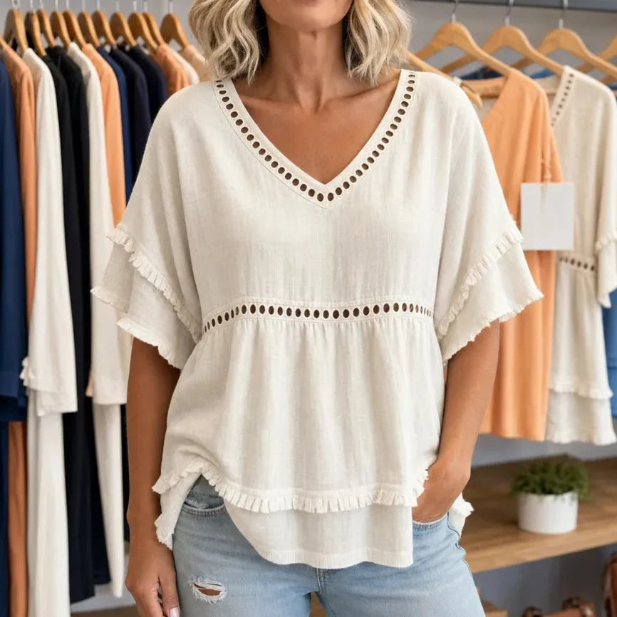 Solavie – Boho Tunika z Dekoltem w Serek i Frędzlami dla Kobiet
