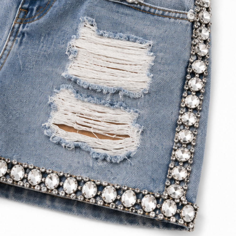 Suncrest – Szorty z denimu z kryształkami, które nie wyglądają tanio z bliska