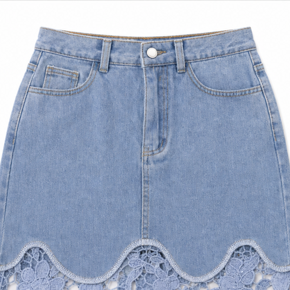 Florenza – Spódnica maxi z denimu z koronkowym wykończeniem i wysokim stanem, z kieszeniami