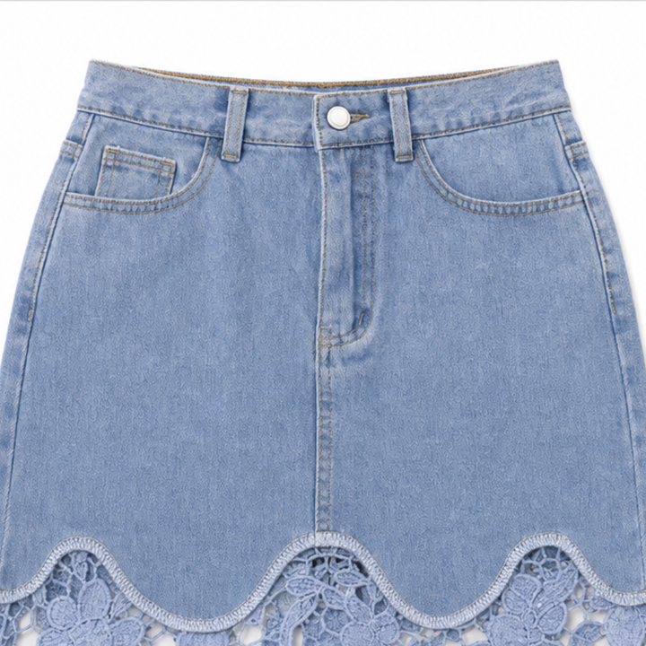 Florenza – Spódnica maxi z denimu z koronkowym wykończeniem i wysokim stanem, z kieszeniami