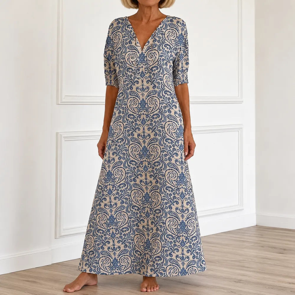 Florenza – Vintage Sukienka Maxi w Wzór Paisley z Dekoltem w Serek i Półrękawami