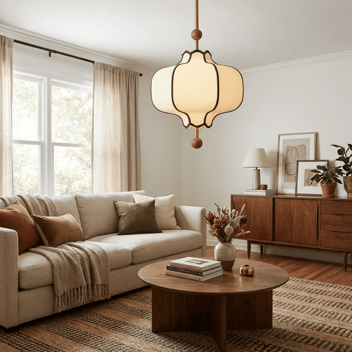 Lampa wisząca z tkaniny w kształcie latarni