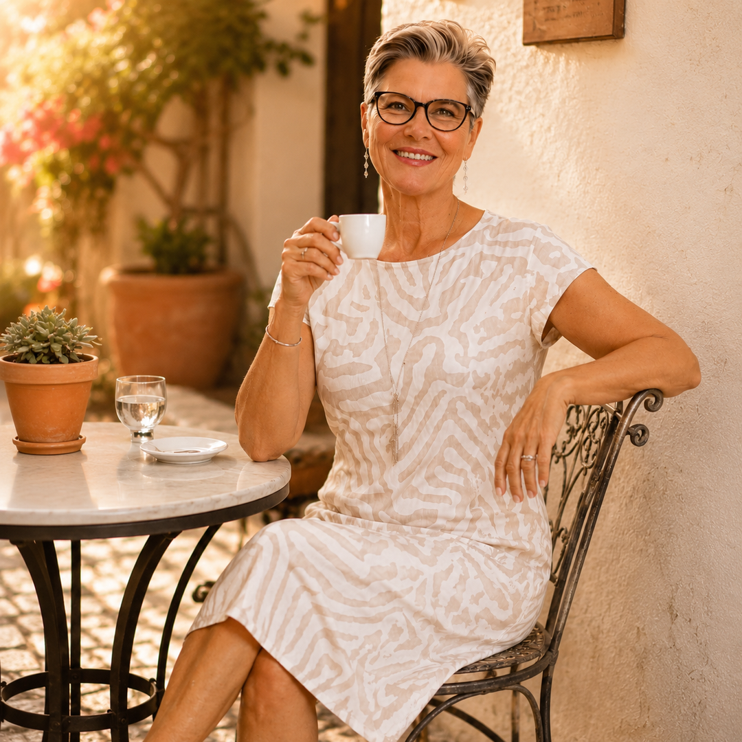Ingrid – Sukienka midi w stylu lnu z abstrakcyjnym nadrukiem, z krótkim rękawem