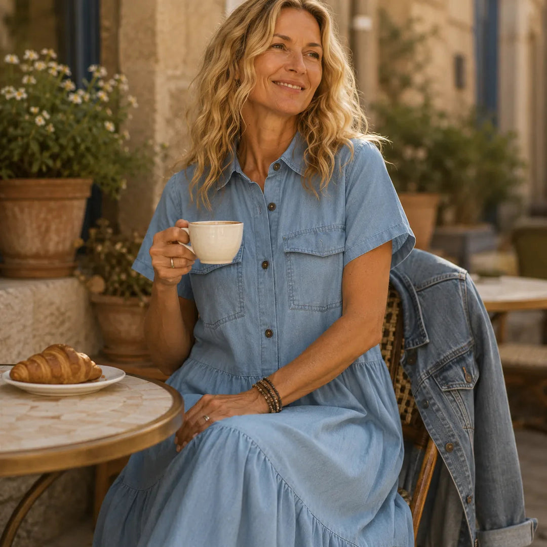 Marielle – Max sukienka dżinsowa z guzikami i kieszeniami