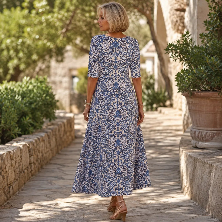Florenza – Vintage Sukienka Maxi w Wzór Paisley z Dekoltem w Serek i Półrękawami