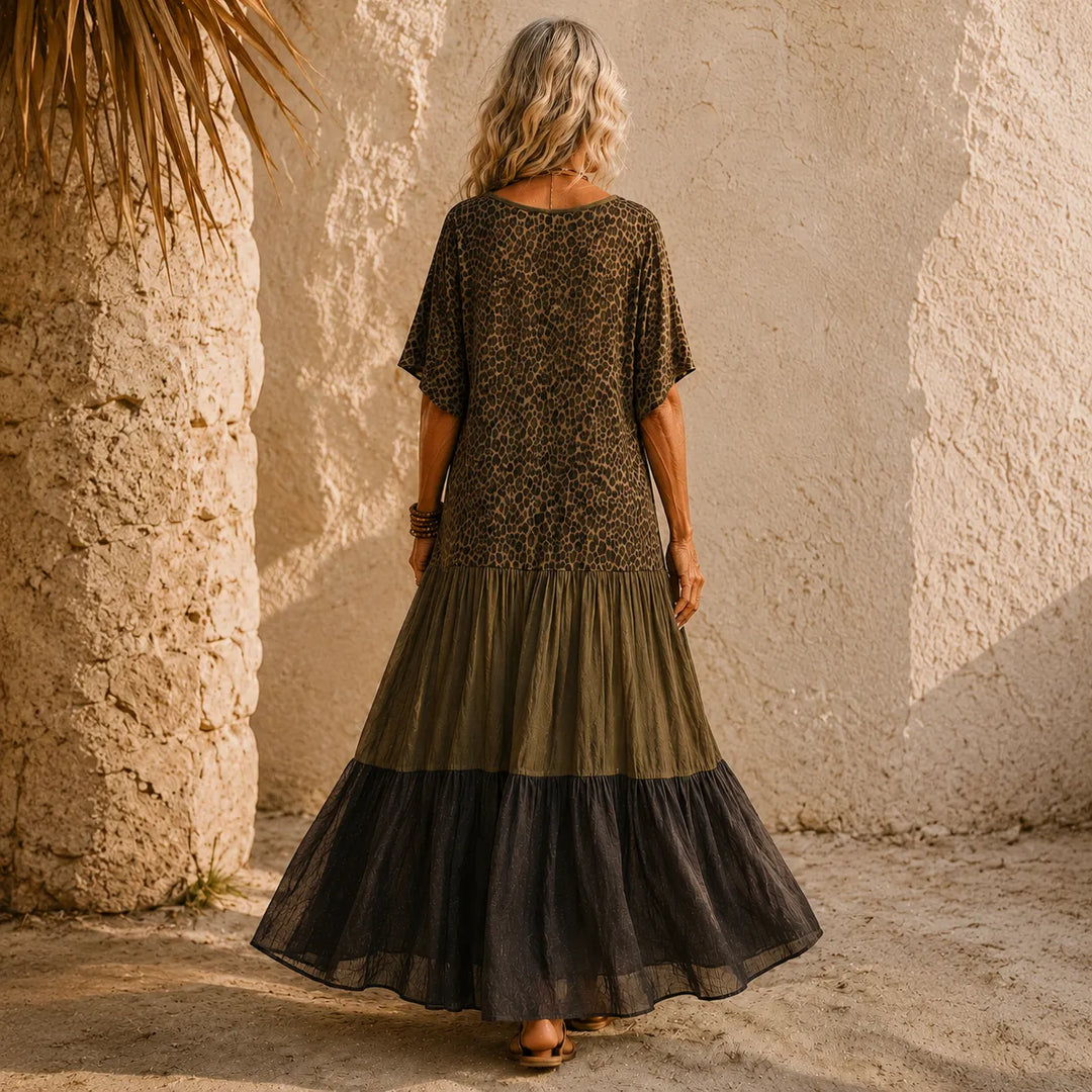 Marenza – Boho Maxi Sukienka z Leopardowym Gorsetem, Skirt z Kolorowymi Blokami, Dekolt w Serek
