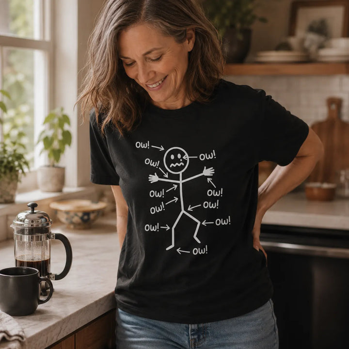Achewear – Śmieszna koszulka z rysunkiem "Ow!" w stylu stick figure, luźny fason, t-shirt przypominający bawełnę dla kobiet i mężczyzn