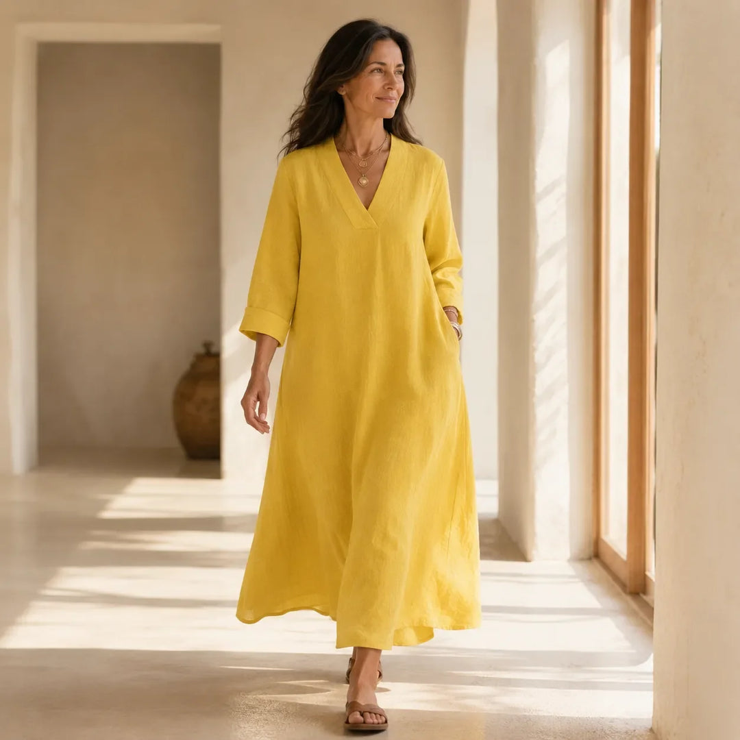 Lunara – Sukienka maxi w stylu lnianym z dekoltem w serek i kieszeniami