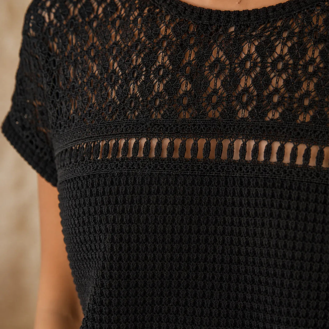 Wearbella – Krótki top z otwartym splotem i krótkim rękawem, bluzka w fakturze wafla na wiosnę i lato dla kobiet