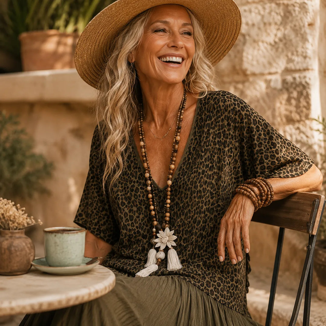 Marenza – Boho Maxi Sukienka z Leopardowym Gorsetem, Skirt z Kolorowymi Blokami, Dekolt w Serek
