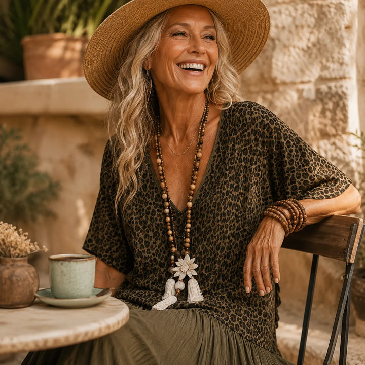 Marenza – Boho Maxi Sukienka z Leopardowym Gorsetem, Skirt z Kolorowymi Blokami, Dekolt w Serek
