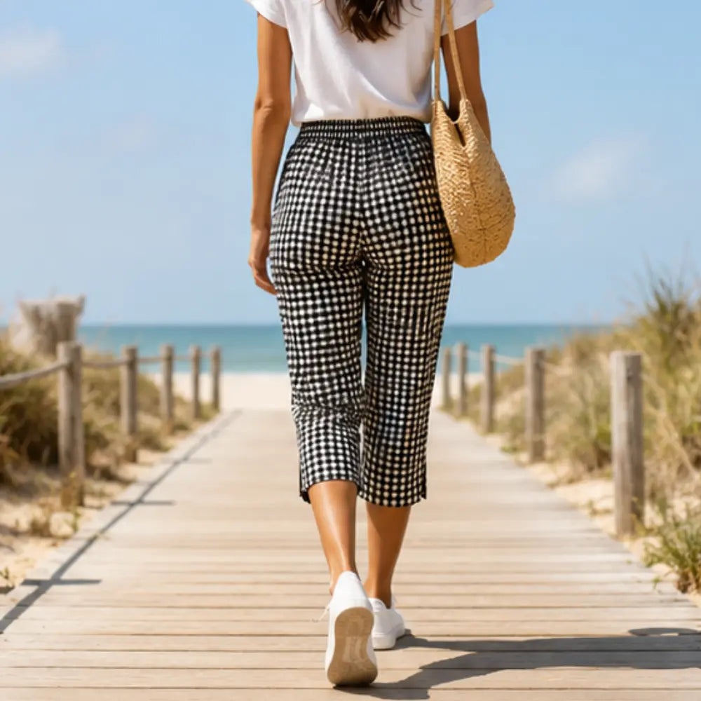 Sunavea – Damskie spodnie capri w kratkę z troczkami na lato