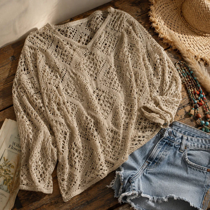 Marigrove – Boho Damski Top V-Neck Szydełkowy