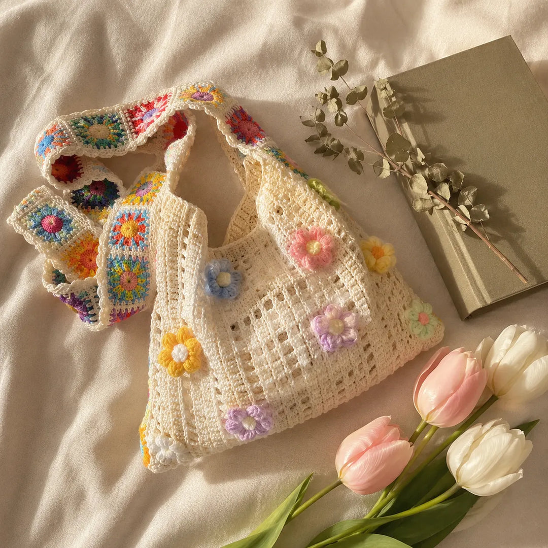 Florenza – Ręcznie szydełkowana torebka na ramię z kwiatowym motywem dla kobiet, boho torba w stylu granny-square z 3D kwiatami