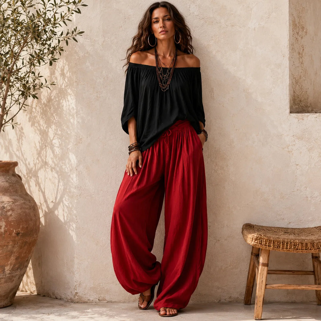 Solenza – Bluzka Boho na Ramiączkach i Spodnie Lampionowe dla Kobiet
