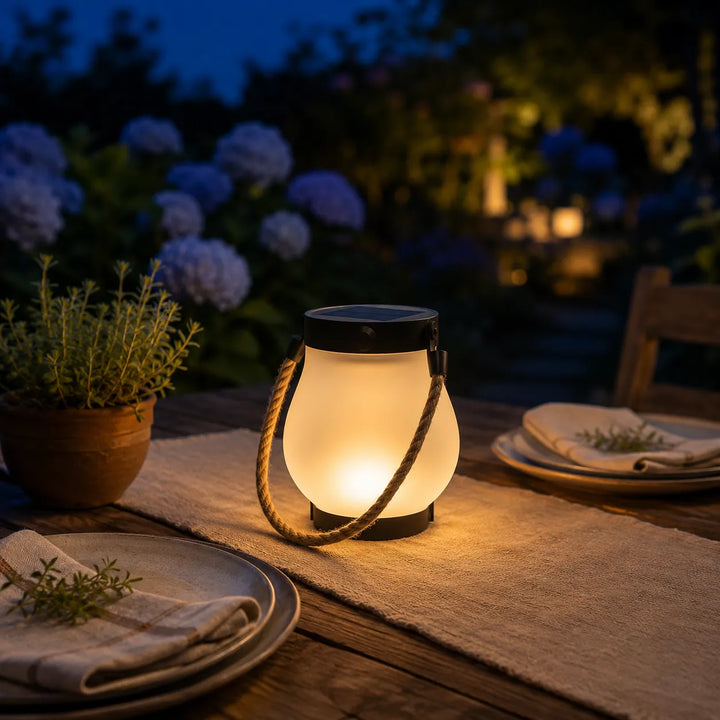 Lumvera – Nordycka Lampa Solarno z Efektem Płomienia i Uchwytem z Liny