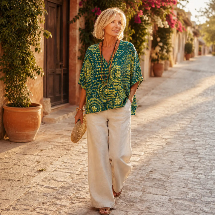 Solvana – Boho Top z Dekoltem w Serek i Rękawami Dolman dla Kobiet, Luźna Letnia Bluzka w Kwiaty