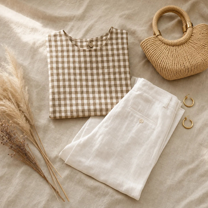 Linelle – Letnia bluzka bez rękawów w kratkę dla kobiet, prosty krój A-liniowy