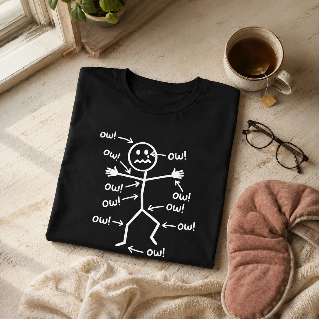 Achewear – Śmieszna koszulka z rysunkiem "Ow!" w stylu stick figure, luźny fason, t-shirt przypominający bawełnę dla kobiet i mężczyzn