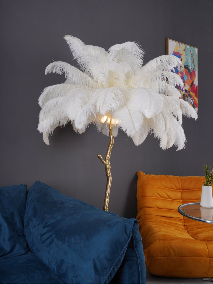 Lampa podłogowa z piór strusich i mosiądzu